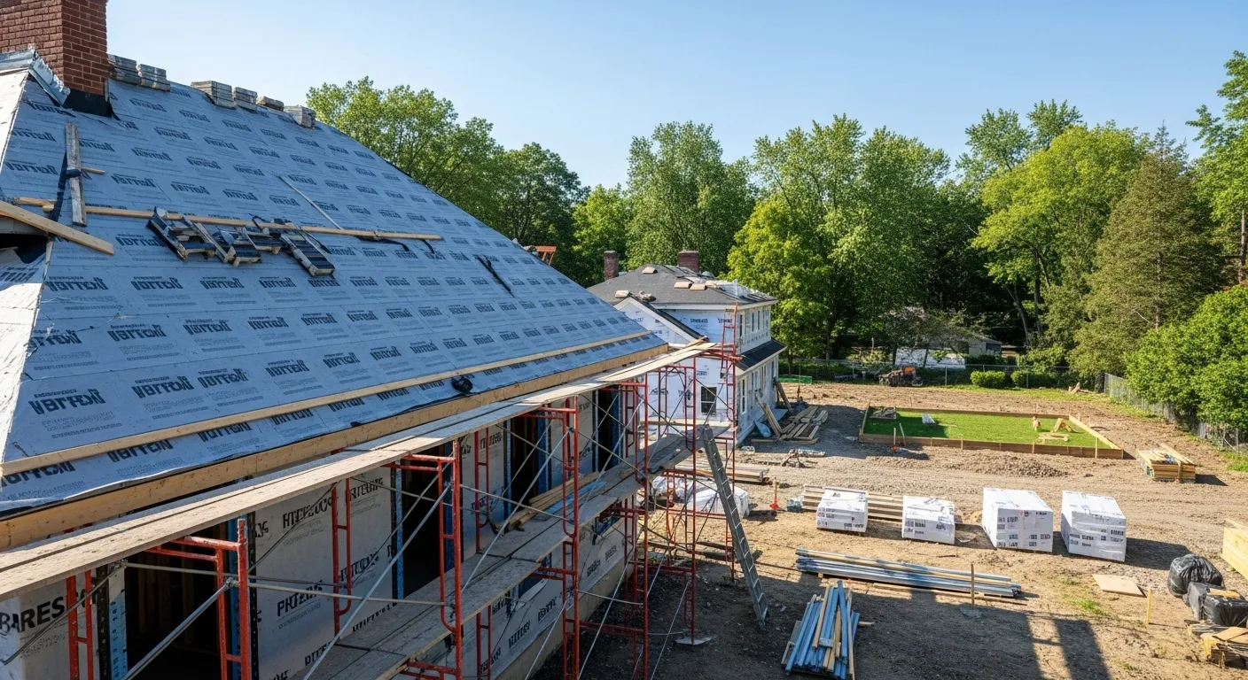 A realistic construction site in Connecticut showing a residential home under renovation.