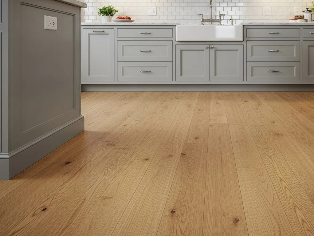 A bright, realistic kitchen interior in a Connecticut home featuring natural wood flooring and a tiled backsplash (kitchen rodabanca). The wooden floor has a smooth light oak finish with visible grain, while the backsplash is made of glossy white or light-gray tiles in a clean, geometric pattern. The cabinets are modern and neutral, with subtle lighting reflecting on the tiles. The composition emphasizes craftsmanship, detail, and harmony between materials. No people, no text — realistic lighting, natural tones, and professional architectural photography style.