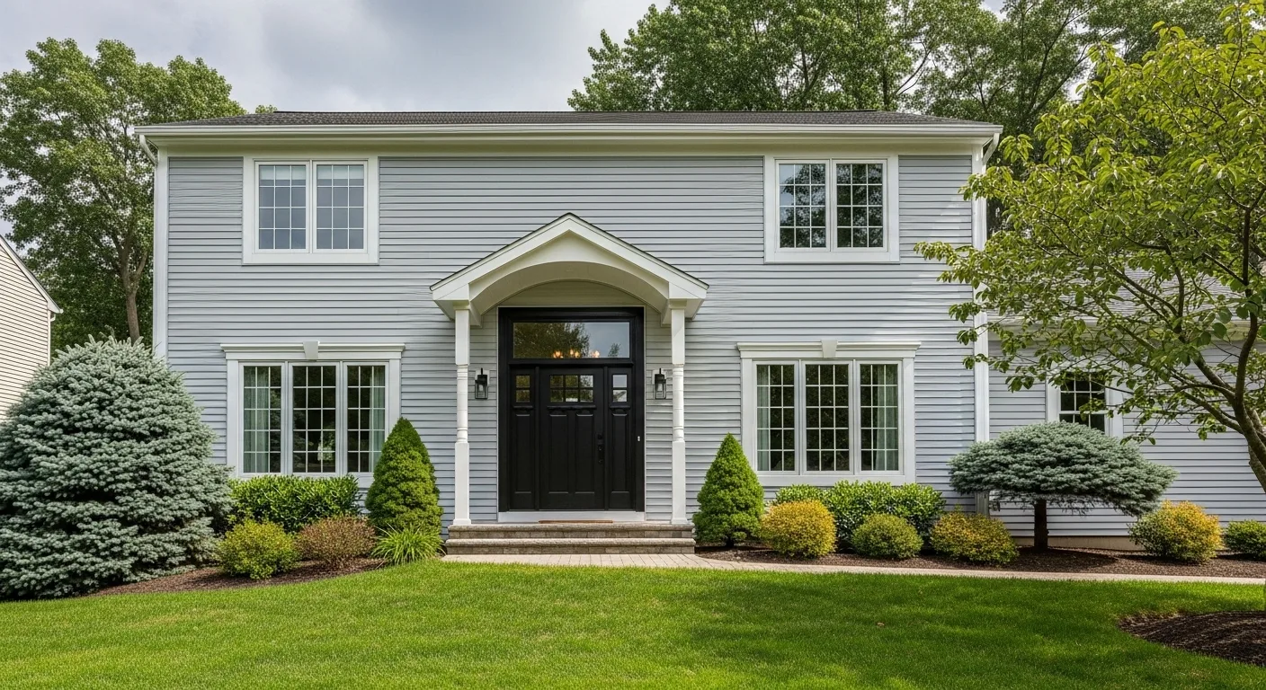 A realistic suburban home in Connecticut showcasing new doors, large energy-efficient windows, and smooth vinyl siding in soft neutral colors. The scene features clean architectural lines, natural daylight, and precise craftsmanship. No people, no text — professional architectural photography style highlighting exterior renovation work.